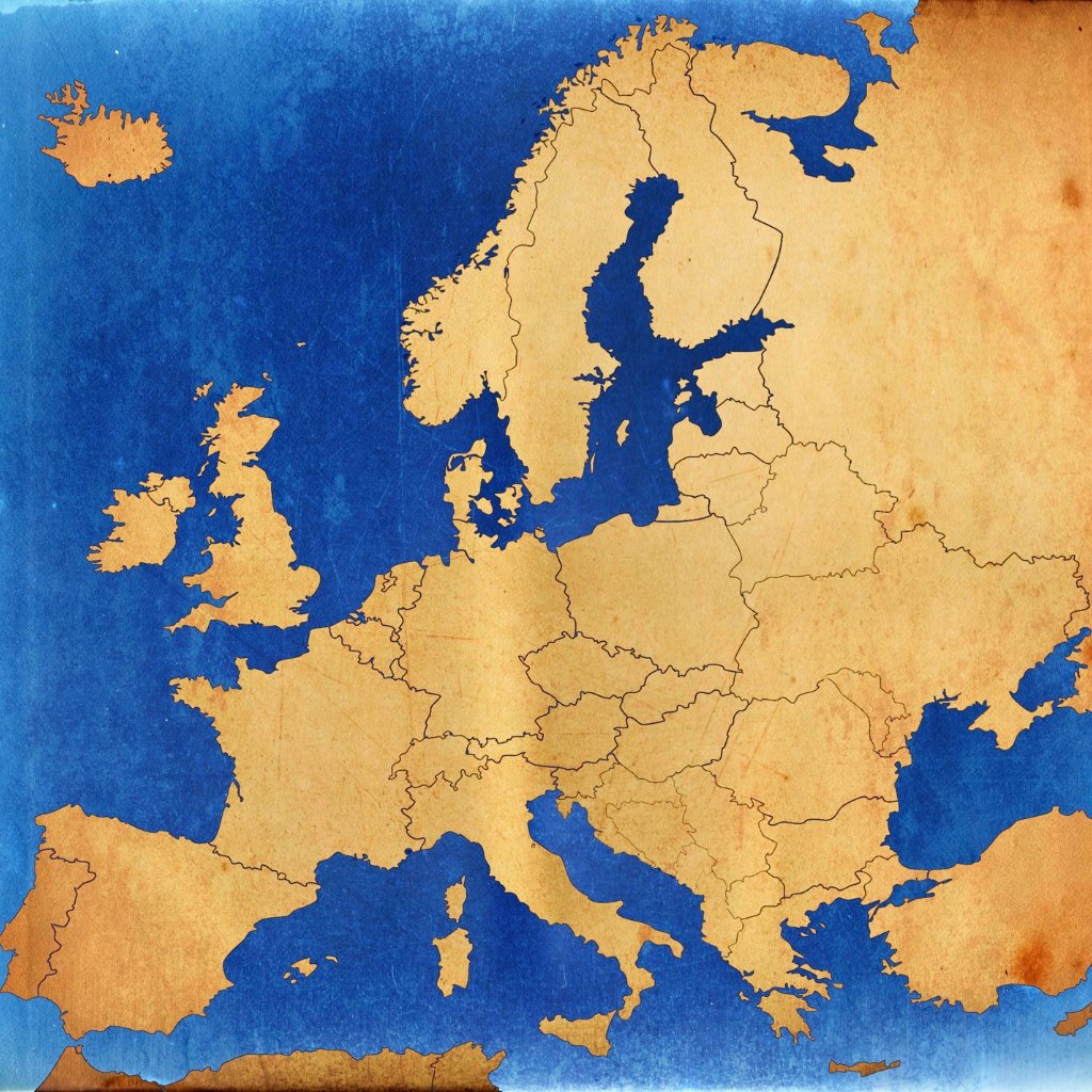 Map of Europe with country borders, showing surrounding seas in blue.