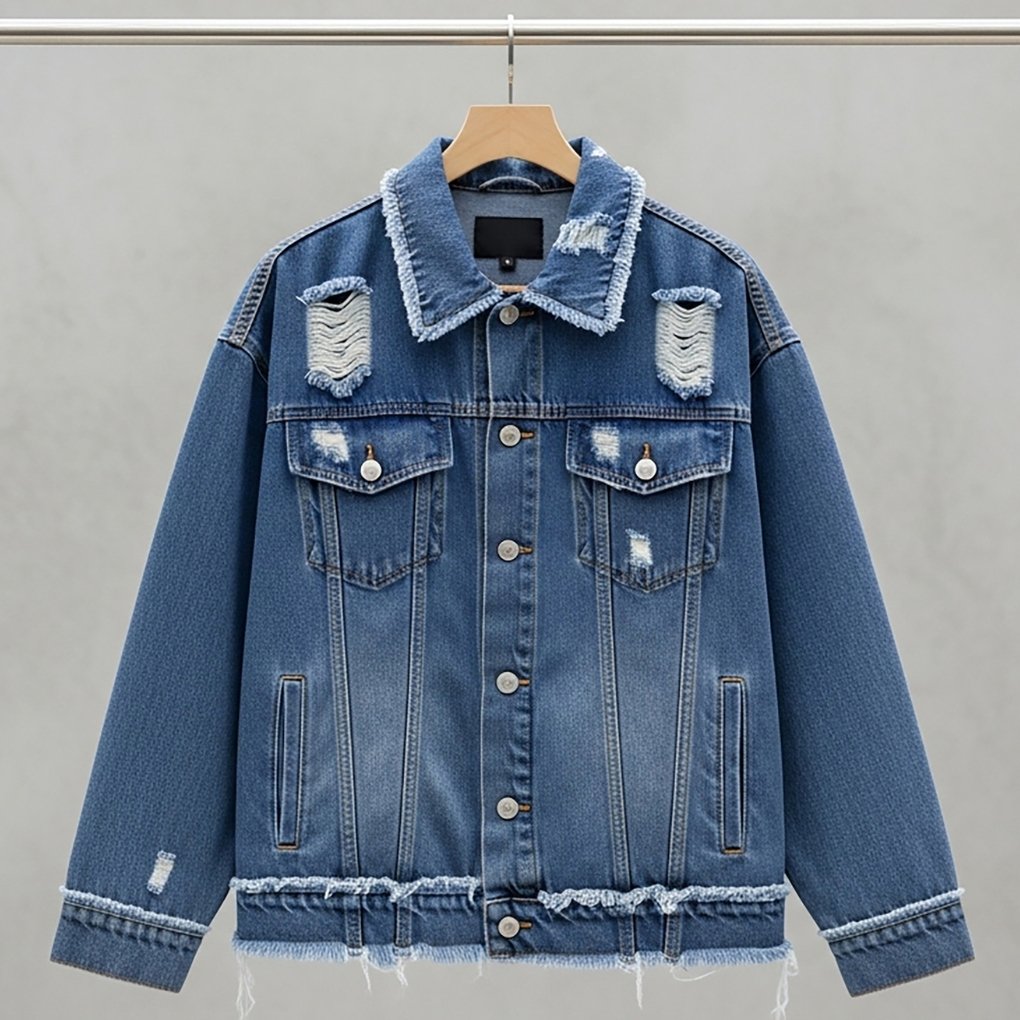 Blue distressed denim jacket with frayed edges and shearling collar hanging on a wooden hanger.