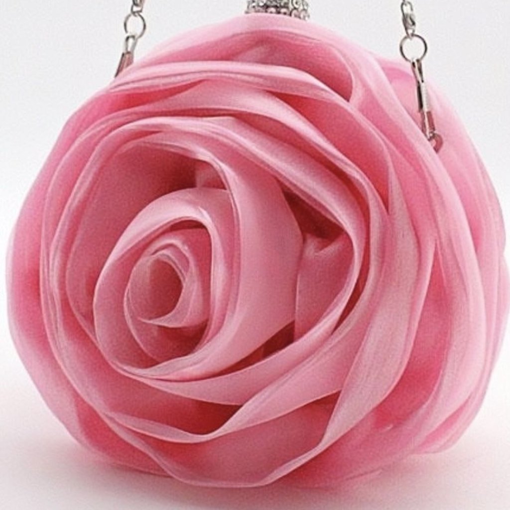 A close-up of a pink fabric rose accessory with layered petals forming a circular flower on a chain strap.