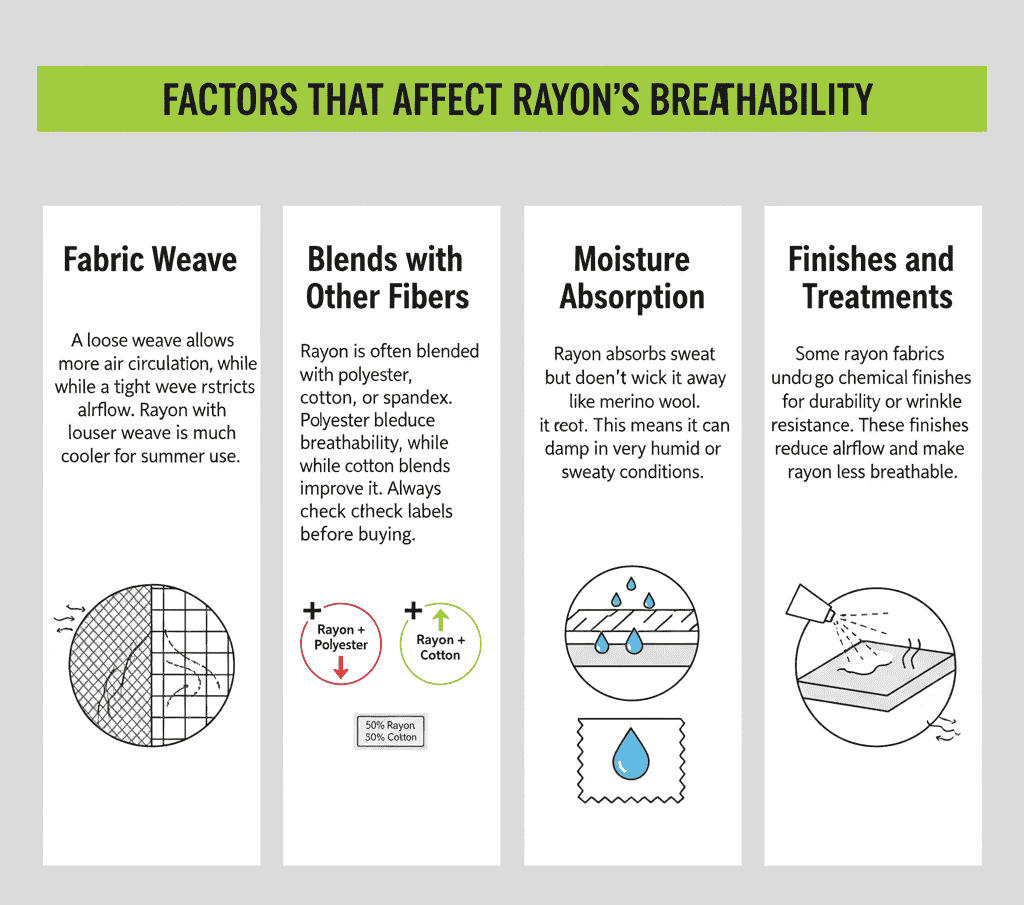 Infographic showing factors affecting rayon's breathability.