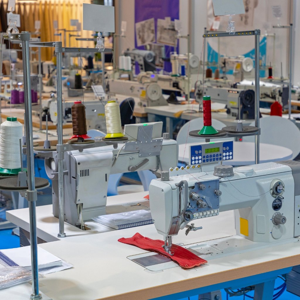 A bright sewing workshop with multiple industrial sewing machines and thread spools. In the foreground, a white sewing machine stitches a red fabric piece. Nearby are tall thread cones in white, yellow, brown, and green. The background shows more machines, racks, and tools, creating a busy, well-equipped workspace.