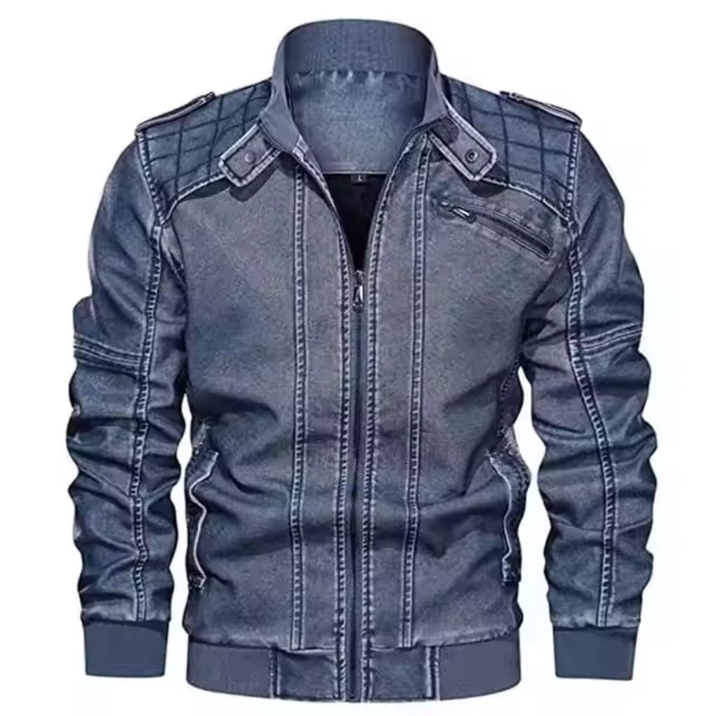 A blue denim bomber jacket with contrast stitching, ribbed cuffs and hem, zip front, and multiple pockets, displayed on a plain white background.