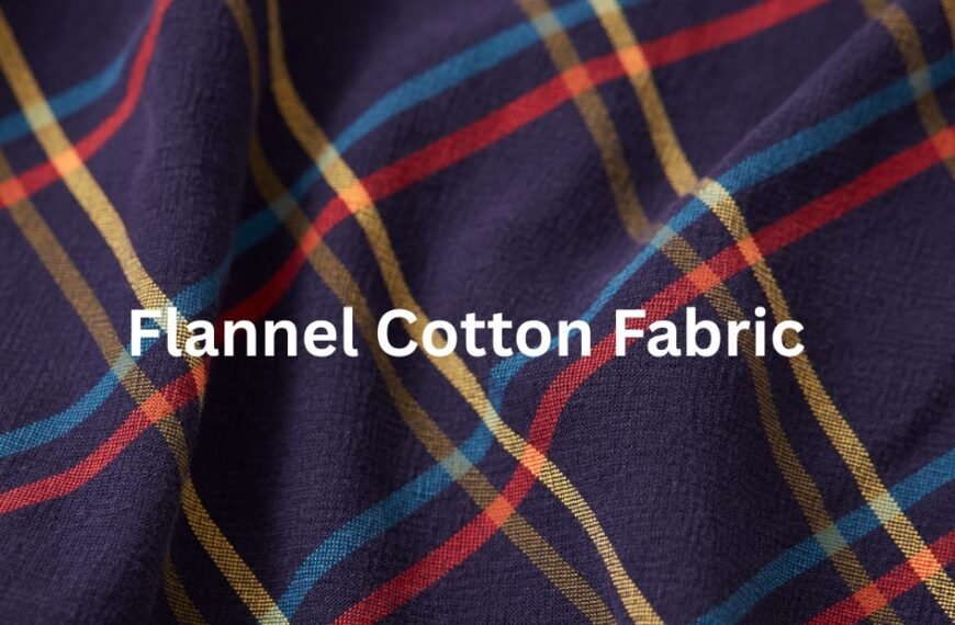 Close-up of dark navy flannel fabric with a multicolor plaid pattern in yellow, red, and blue stripes.