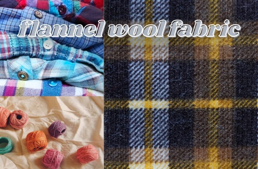 A collage of fabric swatches: blue plaid flannel shirts folded on the left, multicolored yarn balls on a cream fabric in the bottom left, and a close-up of a yellow, navy, and brown plaid wool fabric on the right. Flannel Wool fabric