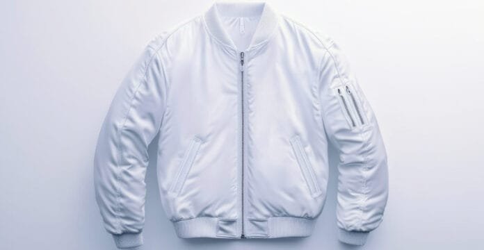 A light-colored flight bomber jacket with a front zipper, ribbed collar, cuffs, and hem, two angled front pockets, and a small zippered pocket on the left sleeve.