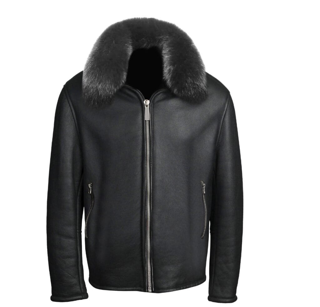 A black leather bomber jacket with a thick, dark fur collar and a full front zipper, two zippered hand pockets, and ribbed cuffs.