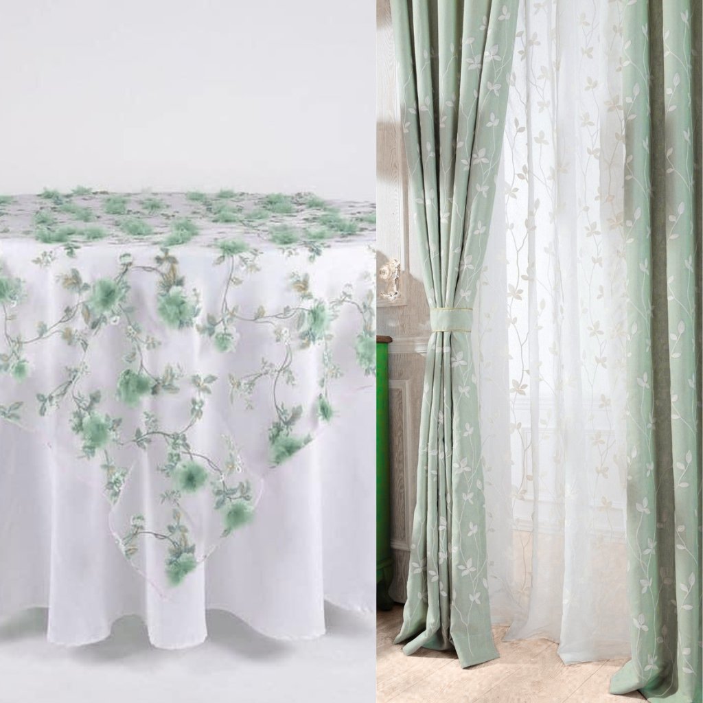 Split image showing a light-colored tablecloth with green floral embroidery on the left and mint green sheer drapes with a delicate leaf pattern tied back on the right