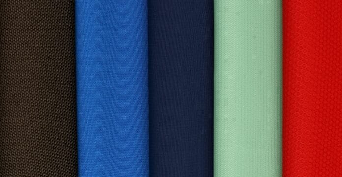 A row of vertically aligned fabric swatches in different colors, including brown, royal blue, navy, light teal, mint green, and bright red, textured with a woven surface.