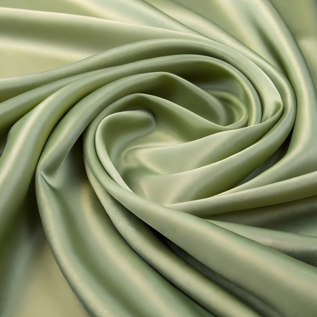 Close-up image of smooth, light-green satin fabric arranged in soft folds and spirals.