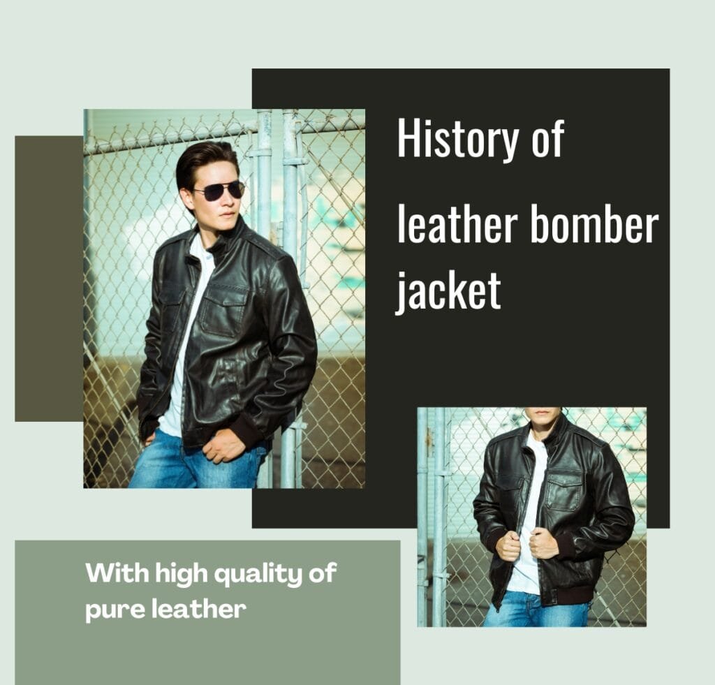 "Man wearing a black leather bomber jacket, standing by a chain-link fence, with another image of the same jacket collage in the background."