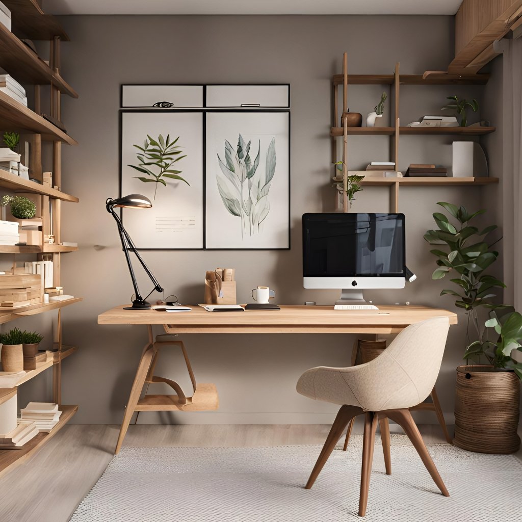 A cozy, modern home office with a light wooden desk, beige upholstered chair, and a large iMac. Open wooden shelves line both walls, plants and framed botanical art hang above the desk, and a black desk lamp sits on the left. Soft, neutral tones and a textured rug complete the space.