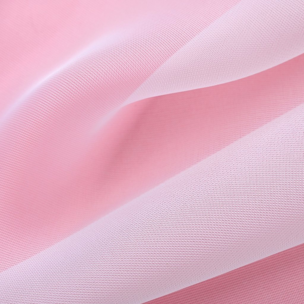 Close-up of pink shot organza fabric with diagonal stripes, showing sheer, shimmering texture.