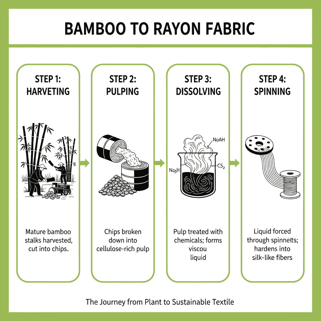 Bamboo to Rayon fabric production process diagram.