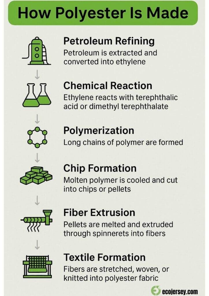 This infographic illustrates the process of how polyester is made, from refining petroleum to creating polyester fabric.