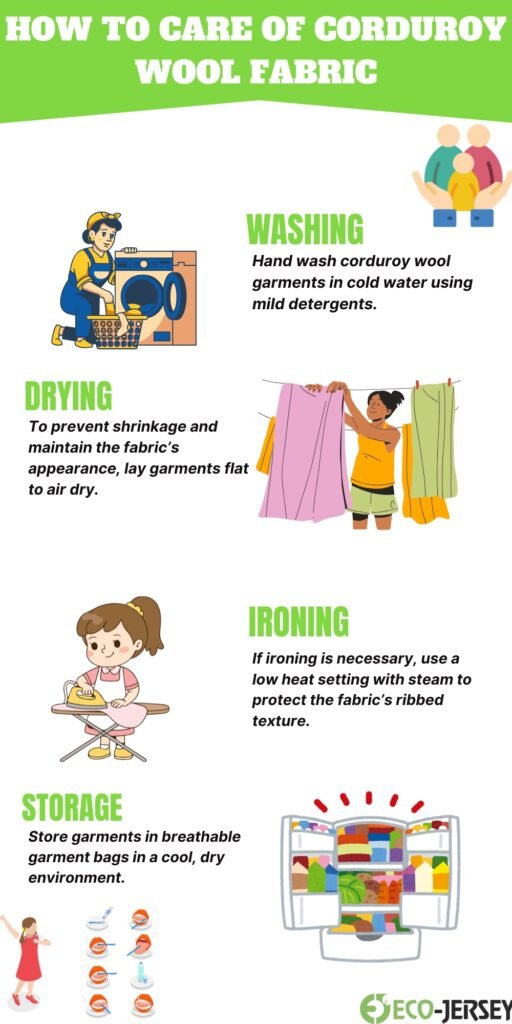 A colorful infographic titled “How to Care of Corduroy Wool Fabric” with sections on Washing, Drying, Ironing, and Storage. Each section has an illustration: washing a person loading a washing machine, drying clothes on a line, ironing a small garment, and organized wardrobe with clothes. Brand logo at the bottom.