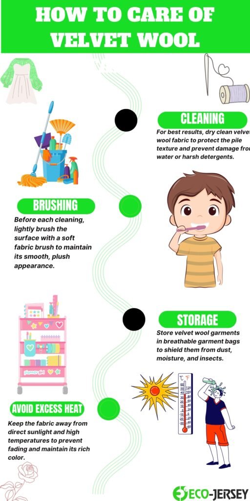A vertical infographic titled “How to Care of Velvet Wool” with green accents. It includes illustrated sections: Cleaning, Brushing, Storage, Avoid Excess Heat. Each section has a short tip and a small cartoon image (cleaning tools, a child brushing teeth-like portrait, a shelving unit, a sun/thermometer, and a person with a thermometer). A decorative wavy line runs from top to bottom with colored dots. The bottom-right shows the Eco-Jersey logo.
