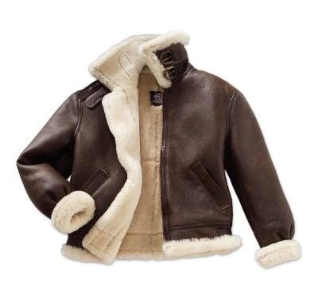 "Brown leather G-1 bomber jacket with cream faux shearling lining and cuffs, showing an open front and turned-down collar."