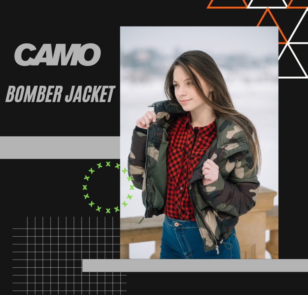 A young woman wearing a camouflage bomber jacket over a red-and-black checkered shirt, standing outdoors against a snowy background. The collage-style editorial layout uses black, gray, and geometric design elements with bold text that reads “CAMO BOMBER JACKET.”