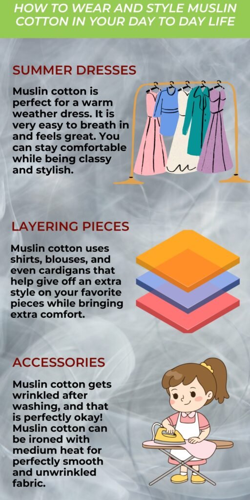A vertical infographic titled “HOW TO WEAR AND STYLE MUSLIN COTTON IN YOUR DAY TO DAY LIFE.” It features three sections with illustrations: a rack of colorful summer dresses, a stack of layered fabrics, and a girl ironing. Each section has a bold red subheading—“SUMMER DRESSES,” “LAYERING PIECES,” and “ACCESSORIES”—along with descriptive black text about muslin cotton’s comfort, styling tips, and care.