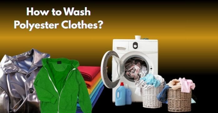 How to wash polyester clothes with laundry machine, detergent, and colorful fabrics.