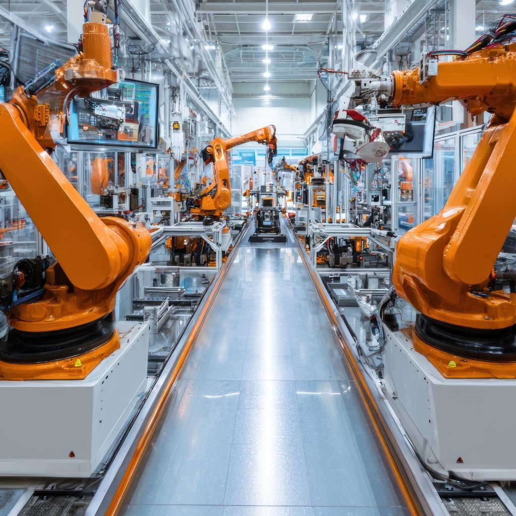 Industrial factory scene with bright orange robotic arms assembling or handling fabric, blurred background machinery, and a clean, reflective floor.