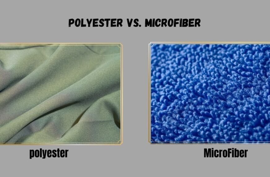Side-by-side comparison of polyester and microfiber fabrics. The left side shows smooth, green polyester fabric, while the right side shows textured, blue microfiber fabric.