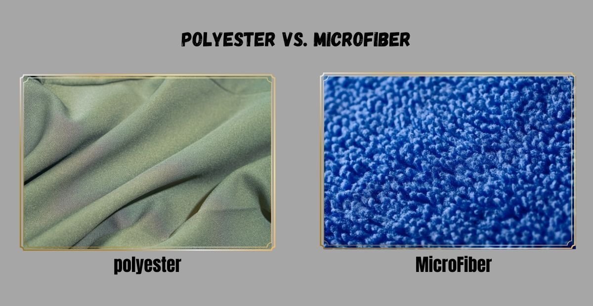 Side-by-side comparison of polyester and microfiber fabrics. The left side shows smooth, green polyester fabric, while the right side shows textured, blue microfiber fabric.