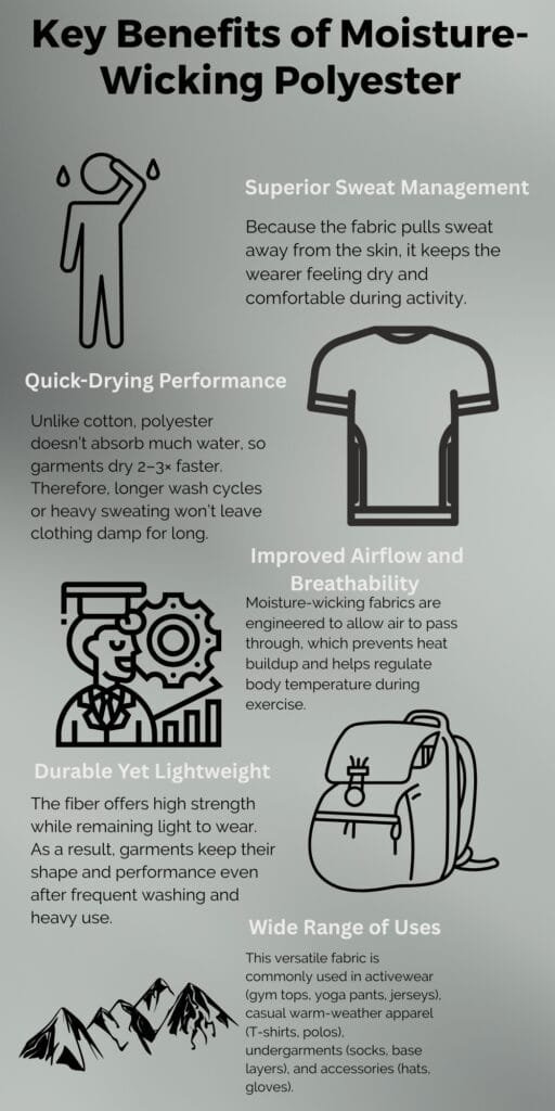 Infographic titled ‘Key Benefits of Moisture-Wicking Polyester’ with icons: sweating figure, T-shirt, scientist with gear, backpack, hiking mountains. Sections highlight Superior Sweat Management, Quick-Drying Performance, Improved Airflow and Breathability, Durable Yet Lightweight, and Wide Range of Uses.