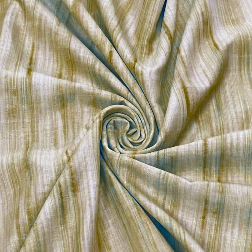Close-up view of Khadi cotton fabric with a subtle striped pattern in natural beige and light blue tones, showcasing a soft, handwoven texture