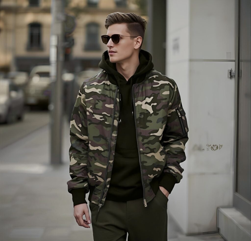 A stylish man stands on a city sidewalk wearing a camouflage bomber jacket over a black hoodie and dark green joggers, with sunglasses and a neat haircut.