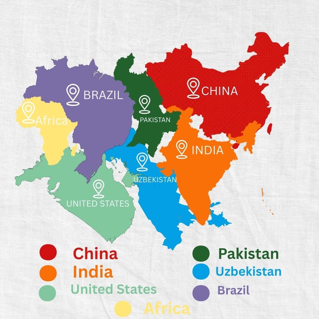 Colorful world map highlighting leading cotton-producing countries with labeled continents and country names.