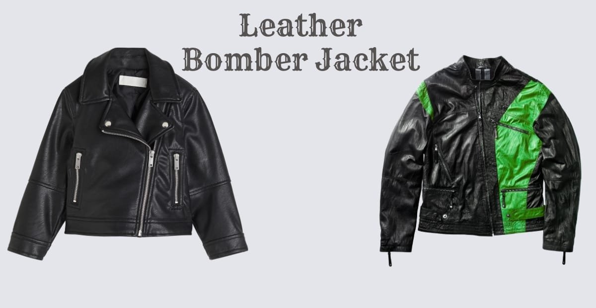 "Black leather biker jacket with silver zippers and wide lapels, displayed against a light gray background." Optional variations: "Left: cropped black leather bomber jackets with diagonal zippers on a pale backdrop." "Right: black leather bomber jacket with green panels, multiple zip pockets, and drawstrings at hem."