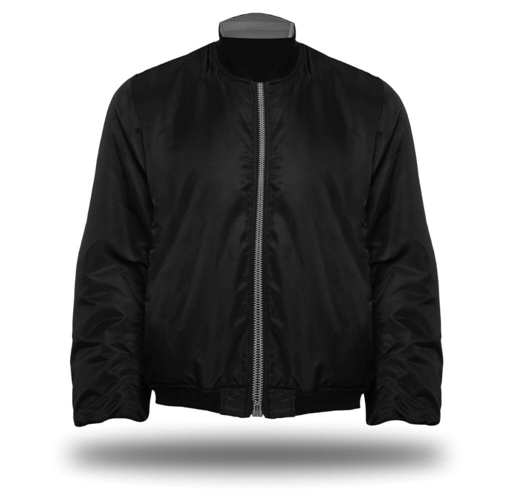 A black MA-1 bomber jacket with a front metal zipper, ribbed cuffs and waistband, and a simple collar, shown against a white background.