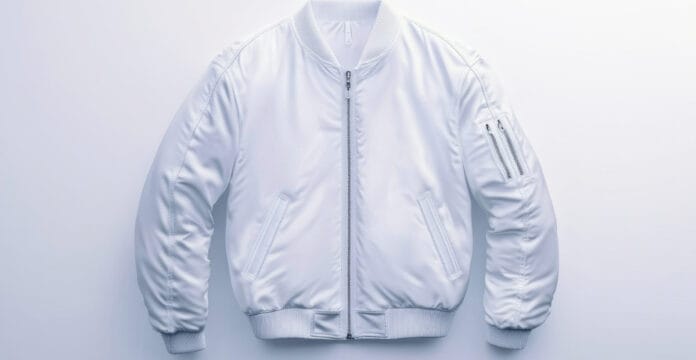 A light-colored MA-1 bomber jacket with a front zipper, ribbed cuffs and hem, two angled front pockets, and a small zip pocket on the left sleeve.