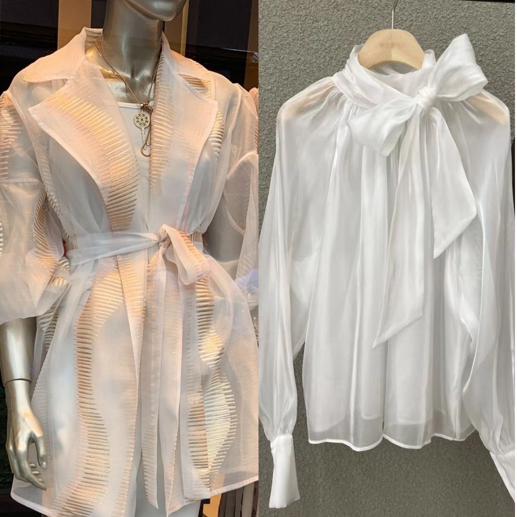 Close-up of matte organza fabric with subtle striped pattern.