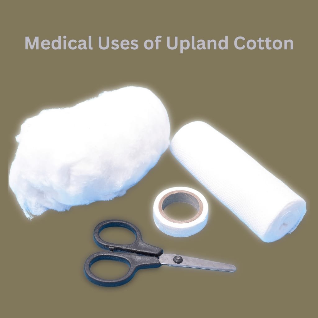 Medical supplies laid out on a flat surface: a white cotton ball, a roll of medical tape, a white bandage roll, a pair of scissors, and a white gauze pad.