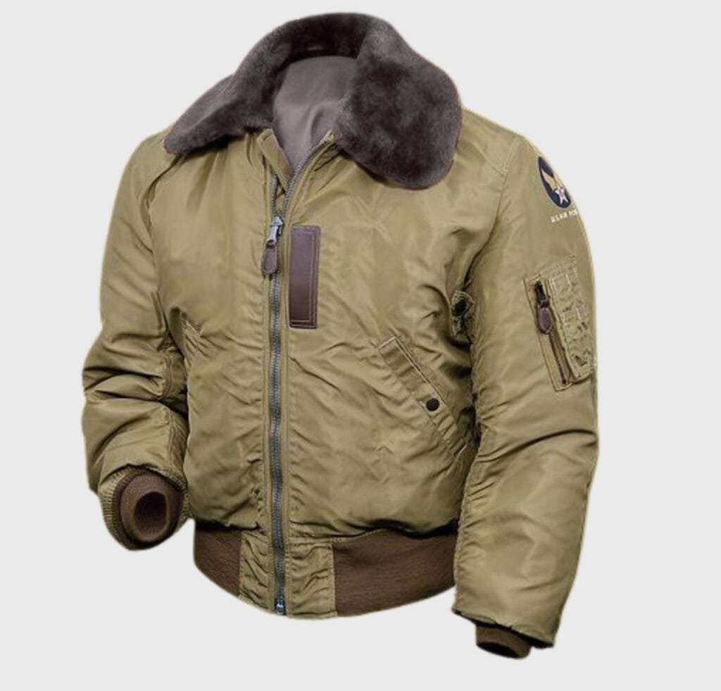"B-15 bomber jacket with fur collar, ribbed cuffs and hem, patches on sleeve, and front zipper."
