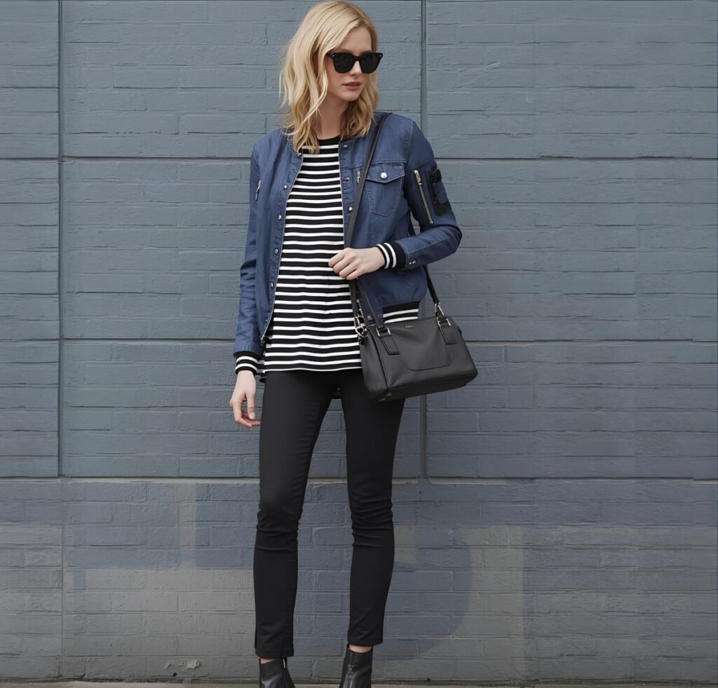 A stylish woman stands against a gray brick wall wearing a blue denim bomber jacket over a black-and-white striped top, black slim pants, black ankle boots, oversized black sunglasses, and carries a black structured handbag.