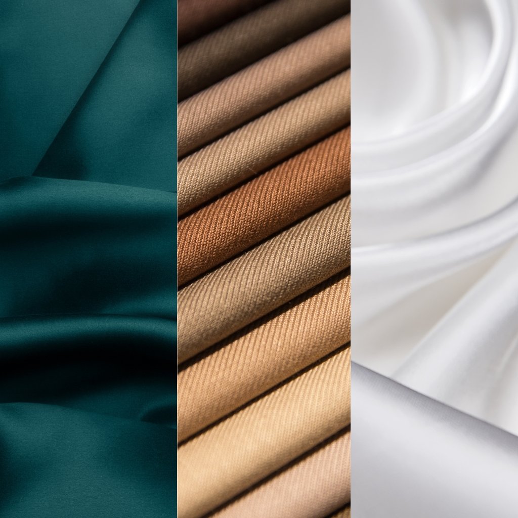 A triptych close-up collage showing three textures: left panel of teal crushed organza with soft folds and subtle sheen; middle panel of stacked tan to caramel-toned fabric ribbons with a diagonal weave; right panel of smooth, light grey or white silk or satin with gentle drape and circular folds.
