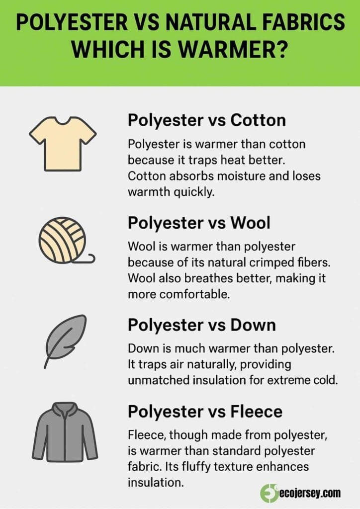 Infographic comparing the warmth of polyester with cotton, wool, down, and fleece fabrics.