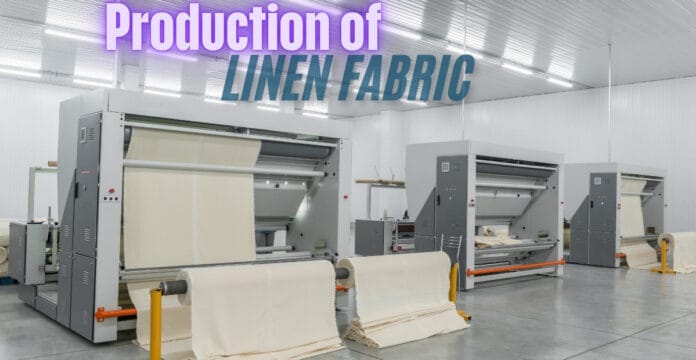 “Industrial linen fabric production line with large weaving machines in a clean, bright factory. Rolls of beige linen fabric move along rollers at the foreground and background.”