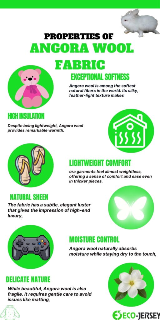 Infographic titled ‘Properties of Angora Wool Fabric’ featuring green circular icons with a bunny, house, sandals, lace, controller, butterfly, flower, and other symbols. Sections highlight exceptional softness, high insulation, natural sheen, lightweight comfort, moisture control, delicate nature, and overall care tips.