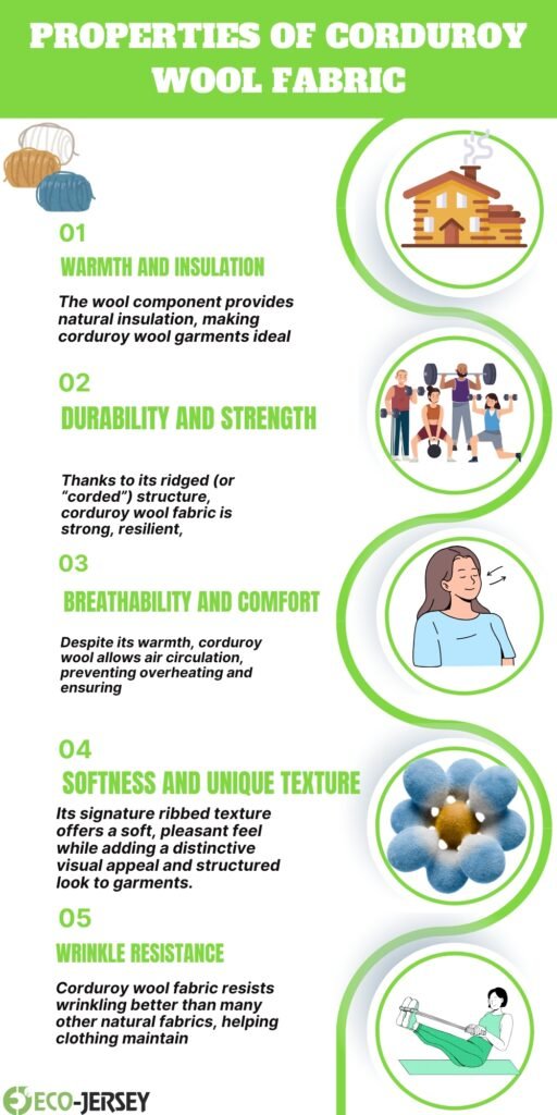 Infographic titled ‘Properties of Corduroy Wool Fabric’ with a bright green header. Five numbered sections list: 01 Warmth and Insulation with an illustration of yarns; 02 Durability and Strength with a group workout image; 03 Breathability and Comfort with a person resting; 04 Softness and Unique Texture with a close-up of corduroy texture; 05 Wrinkle Resistance with a person relaxing. Each section has bold green headings and black body text on a white background, with green circular image accents along the right side. At the bottom left, the Eco-Jersey logo is shown.