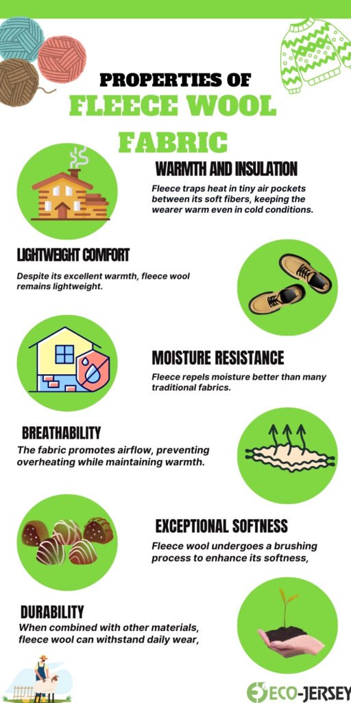 Infographic titled ‘Properties of Fleece Wool Fabric’ with green accents showing icons for warmth, lightweight comfort, moisture resistance, breathability, exceptional softness, durability, and related illustrations such as a house, slippers, bread, and plants.
