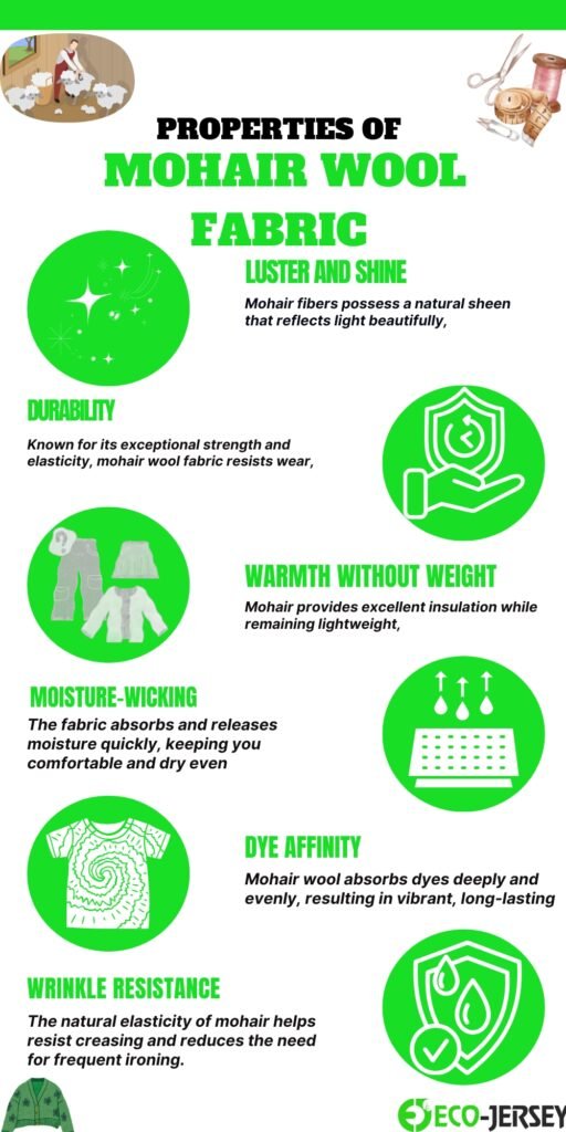 An infographic titled "Properties of Mohair Wool Fabric" with a bright green and white color scheme. It features circular green icons illustrating characteristics such as luster and shine, durability, warmth without weight, moisture-wicking, dye affinity, wrinkle resistance, and more. Each section includes bold green headings and brief explanatory text.