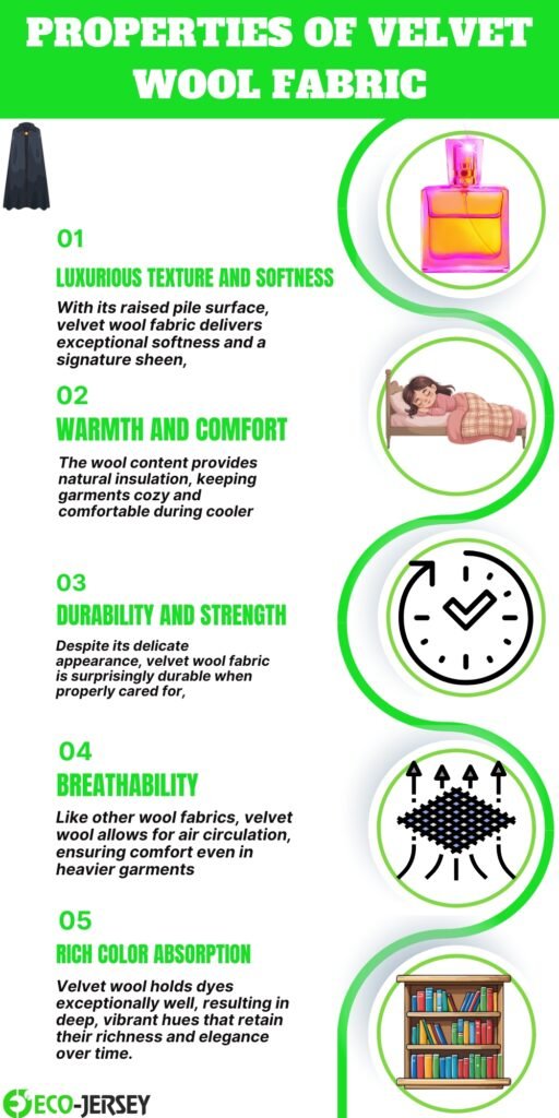 Infographic titled ‘Properties of Velvet Wool Fabric’ with five sections: 01 Luxurious texture and softness, 02 Warmth and comfort, 03 Durability and strength, 04 Breathability, 05 Rich color absorption. Each section is accompanied by circular icons showing a coat, perfume bottle, clock, ventilation pattern, and bookshelf.