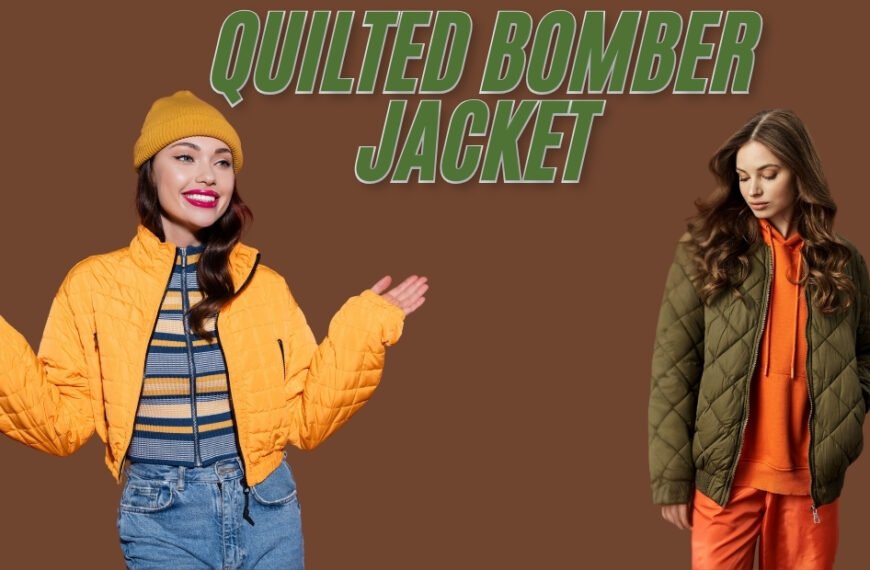 Two models wearing quilted bomber jackets against a brown background; one in an orange jacket with a yellow beanie, and the other in an olive-green jacket over an orange hoodie.