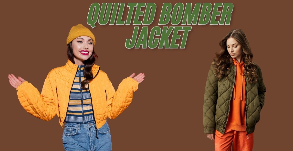 Two models wearing quilted bomber jackets against a brown background; one in an orange jacket with a yellow beanie, and the other in an olive-green jacket over an orange hoodie.