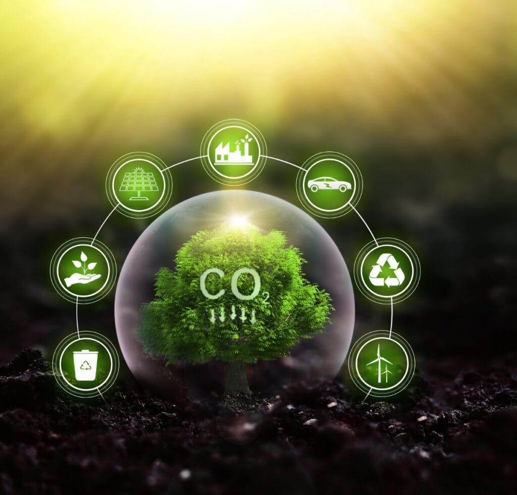 A glowing green tree encased in a glass dome labeled “CO2” sits on dark soil, surrounded by circular icons representing sustainable manufacturing concepts (solar panels, factories, electric car, recycling, wind energy, waste bin, plants). A warm yellow light shines from above, emphasizing environmental harmony. Hebei Linen Fabric