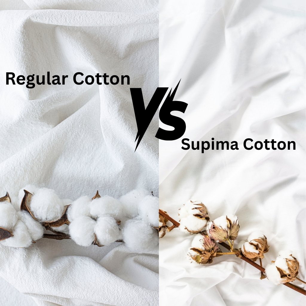 Why Supima Cotton Feels Softer, Stronger, and Smarter 17 Split-image comparing Regular Cotton on the left with Supima Cotton on the right, featuring cotton bolls on white fabric, and a large ‘VS’ in the center.